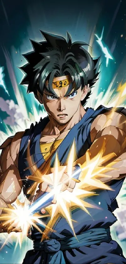 Anime fighter with electric energy bursts in dynamic action pose.