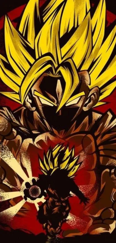 Epic anime fighter with golden hair and red background wallpaper.