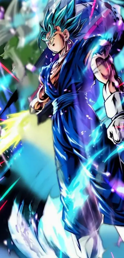 Anime fighter with blue aura and dynamic glow.