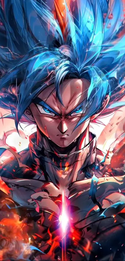 Epic anime fighter with blue hair in vibrant flames as mobile wallpaper.