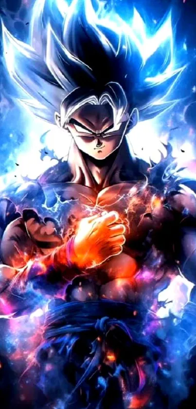 Anime fighter with blue flames and intense energy burst in dramatic pose.