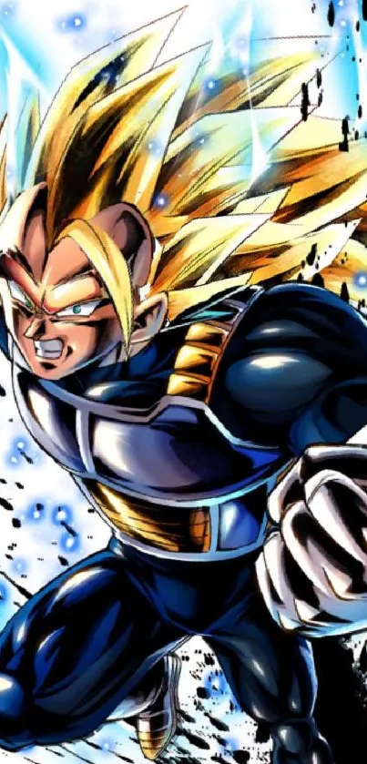 Anime fighter with golden hair and blue suit in action pose.