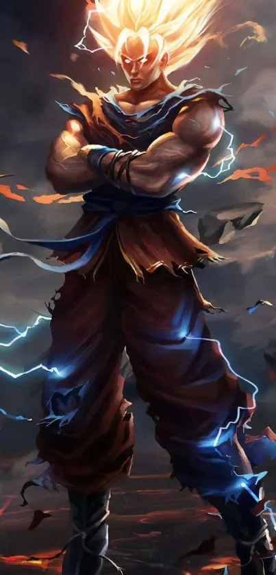 Epic anime warrior with glowing energy and dynamic effects on mobile wallpaper.