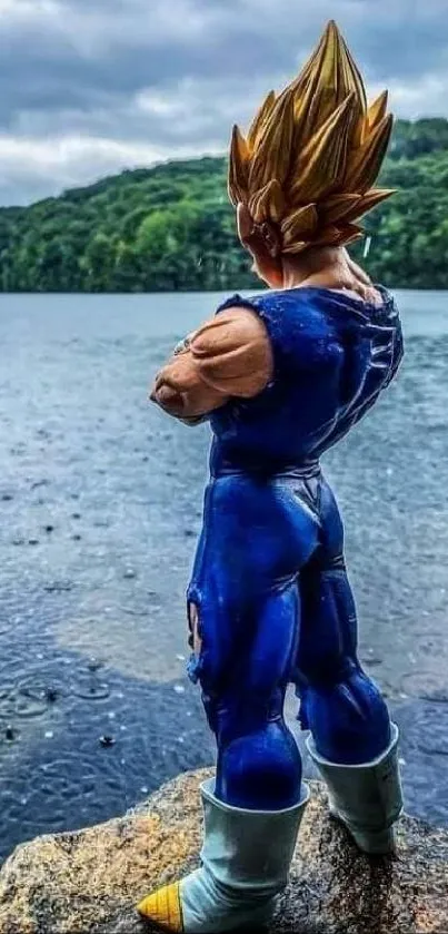 Anime figure stands by lake with cloudy sky.