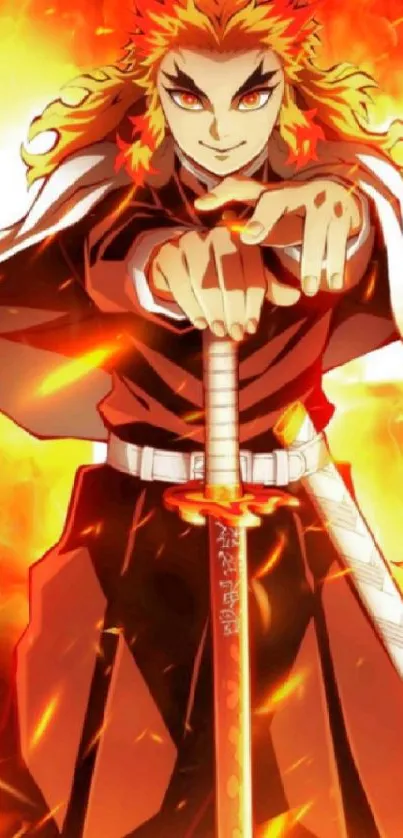 Anime warrior with fiery sword and vibrant orange background.