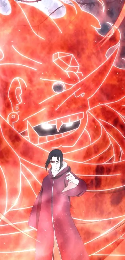 Anime character with fiery guardian in vivid red.