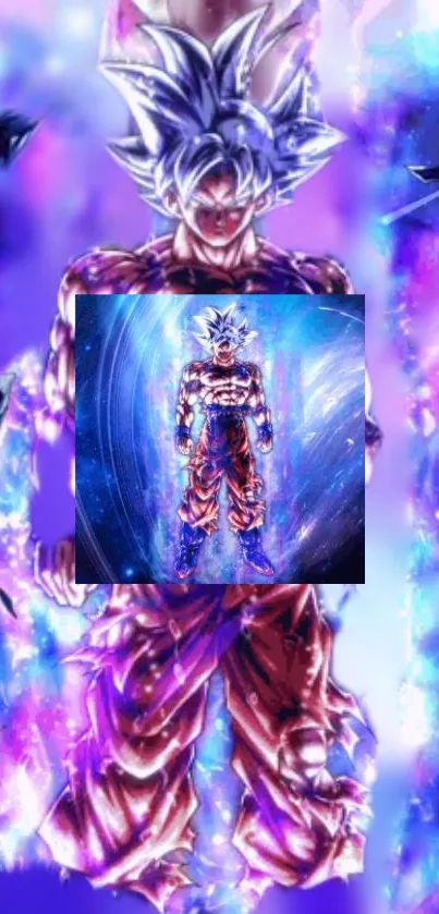 Anime warrior in purple galaxy background, creating an epic mobile wallpaper.