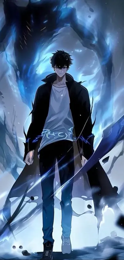 Anime hero engulfed in blue flames, exuding power.