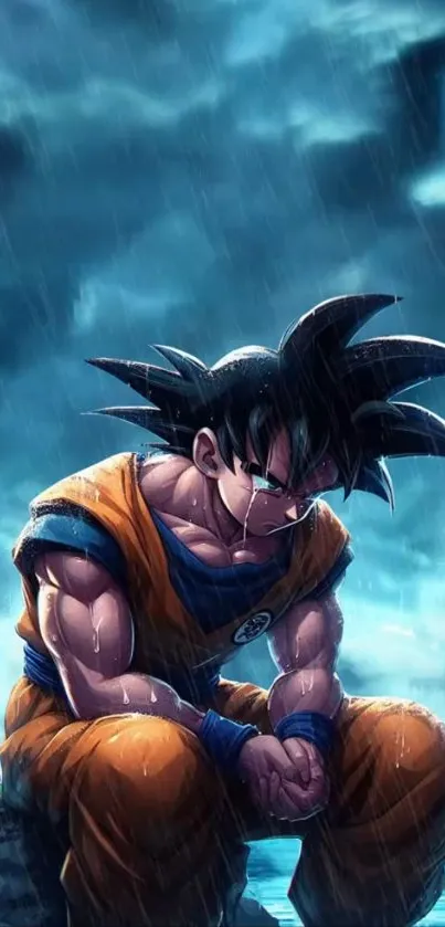 Anime hero in the rain, deep in thought
