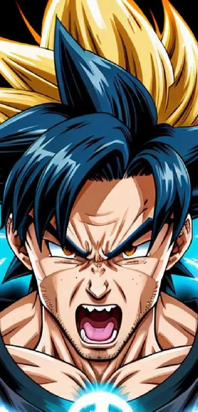Epic anime hero with blue and yellow hair, surging with electric energy.