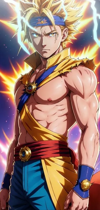 Vibrant anime hero with yellow lightning and fiery background.