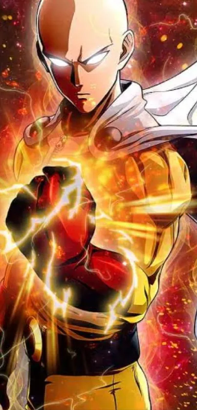 Anime hero with fiery action pose wallpaper.