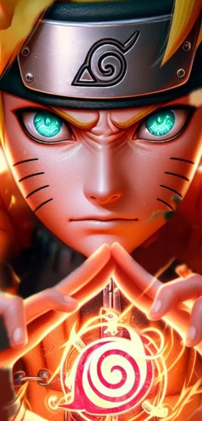 Anime hero in orange energy pose with striking blue eyes.