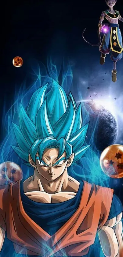 Epic anime hero with blue hair and energy aura on a dramatic background.