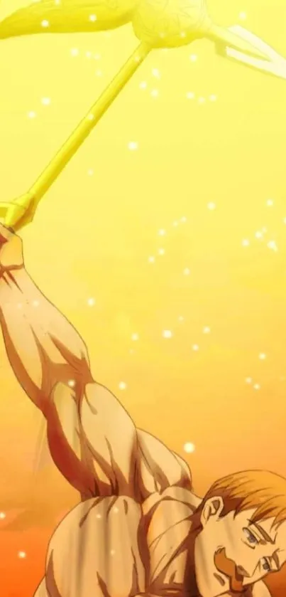 Epic anime hero holding a weapon in vibrant yellow backdrop.