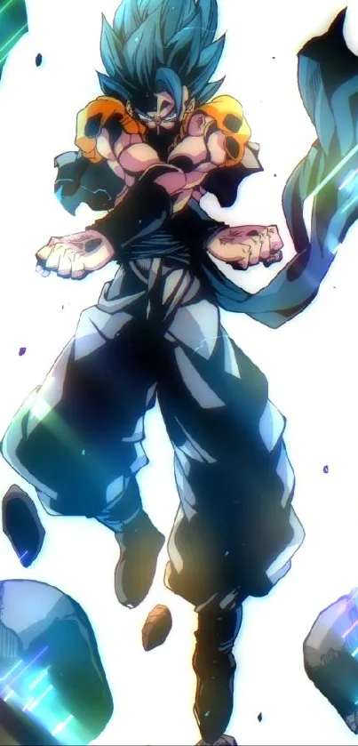 Anime hero in epic action pose floating with dynamic energy.