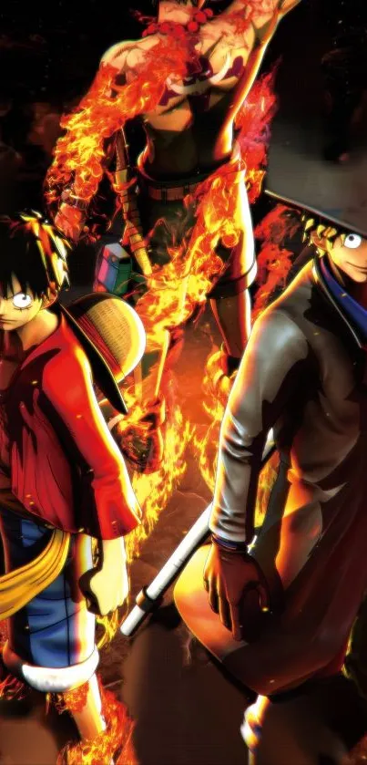 Dynamic anime heroes with fiery elements.