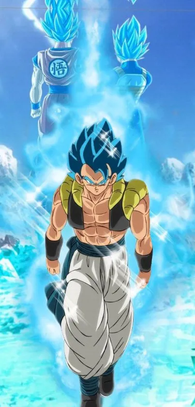 Anime hero charging forward with blue energy.