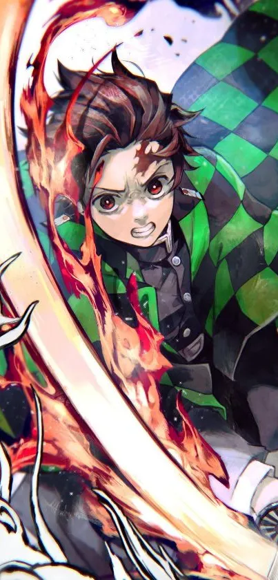 Dynamic anime character with fiery aura and green checkered cloak.