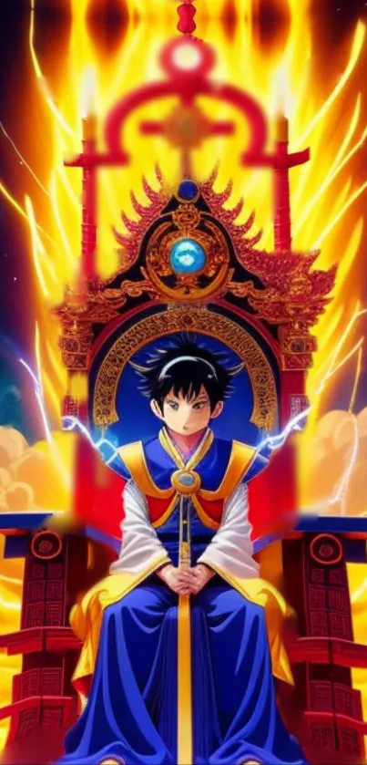 Anime king on fiery throne with ornate details and vibrant colors.