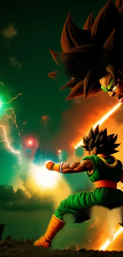 Anime warriors in electrifying green battle scene.