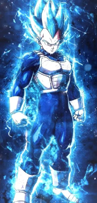 Anime character surrounded by electric blue lightning in a powerful pose.