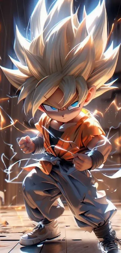 Chibi anime character with lightning and dynamic background.