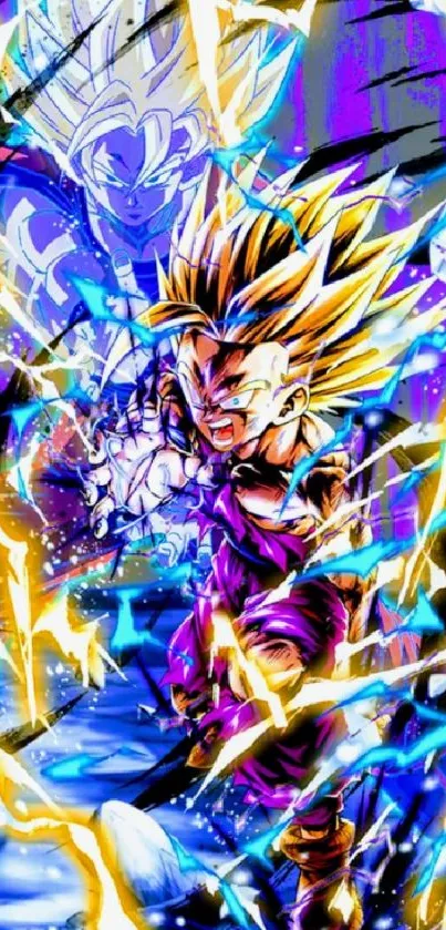 Anime character with lightning effects in a vibrant mobile wallpaper.