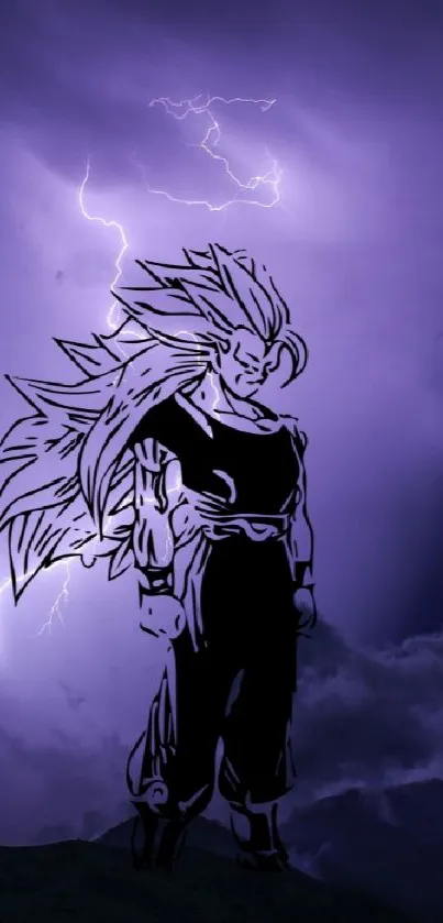 Epic anime character standing in purple lightning on a cloudy night sky.