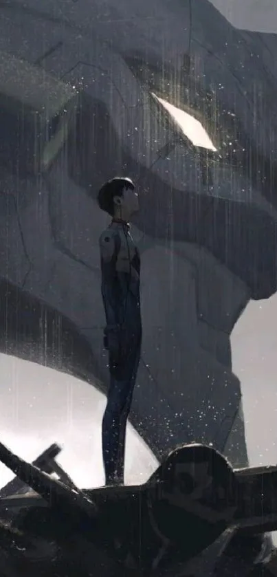 Anime character stands before giant mecha robot on a dark rainy day.