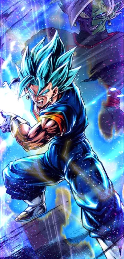 Epic anime character with blue aura in vibrant action pose.