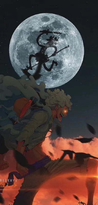 Silhouetted hero under a full moon in an anime night scene.