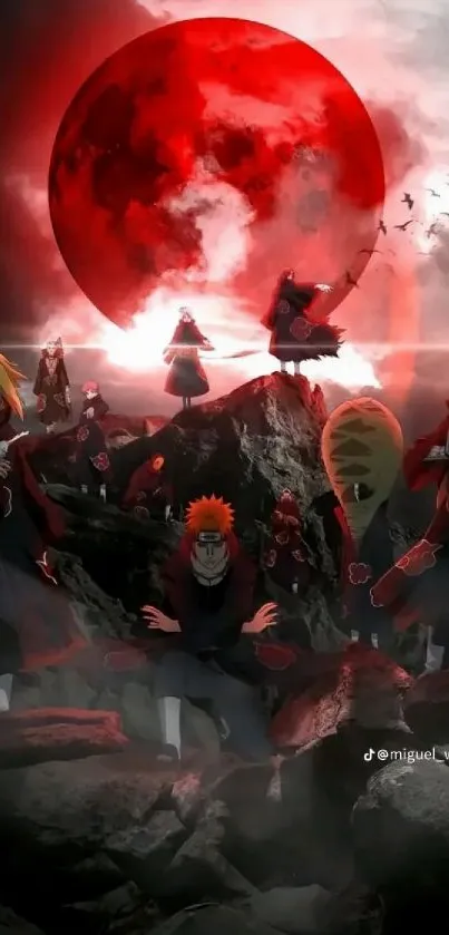 Epic anime scene under a red moon with iconic characters on rocky terrain.