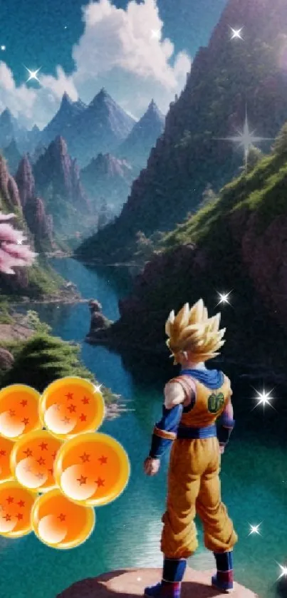 Anime character in mountain landscape with mystical spheres.