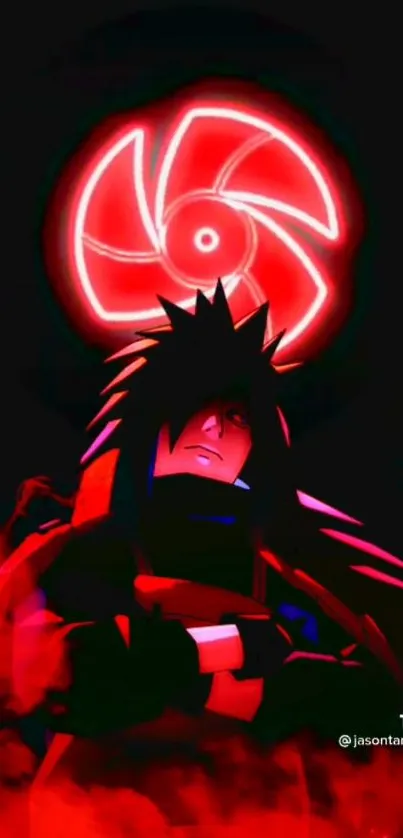 Anime character with neon red glow in dynamic phone wallpaper.