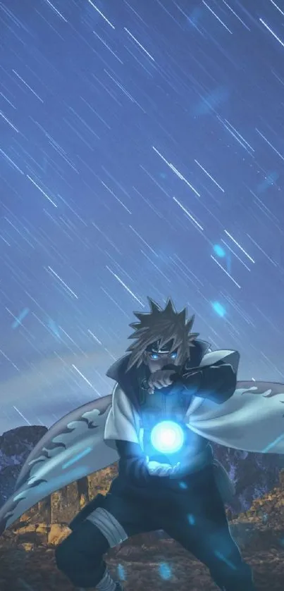 Anime character under a night sky with shooting stars, vibrant blue theme.