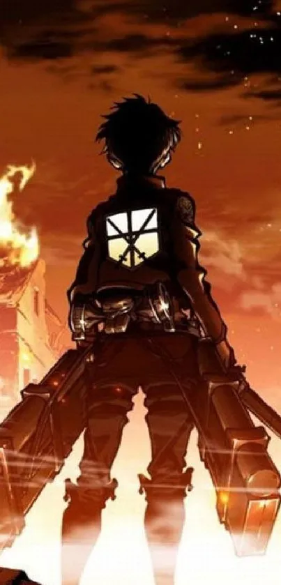 Silhouette of anime character against a fiery, dramatic background.