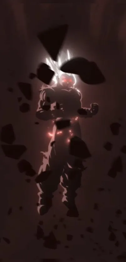 Anime character in dark scene with glowing effects and debris.