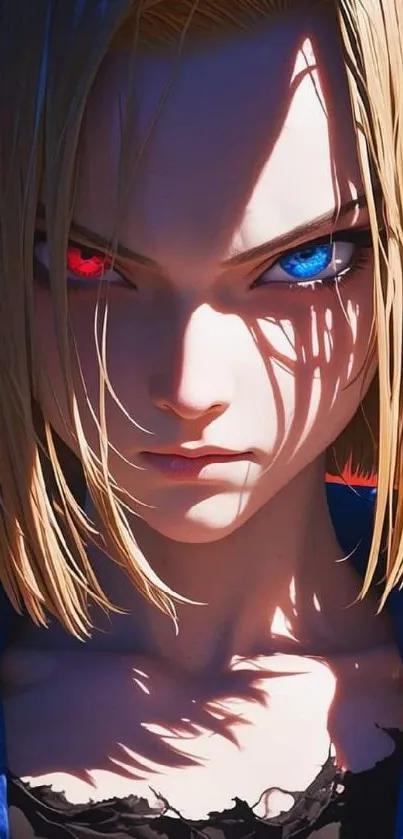 Dynamic anime character with intense, colorful eyes and shadows.