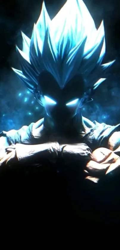 Epic anime character glowing in blue against a dark background.