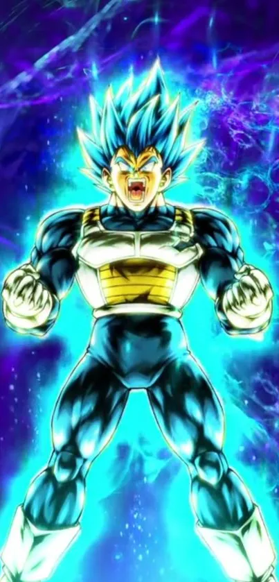 Epic anime character with electric blue aura and dynamic power surge.