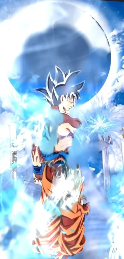 Epic anime character channeling powerful blue energy.