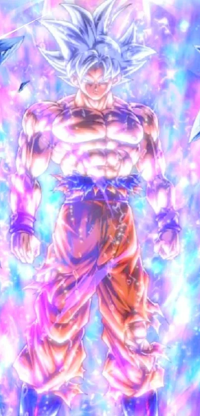 Anime character glowing with power, surrounded by colorful energy.