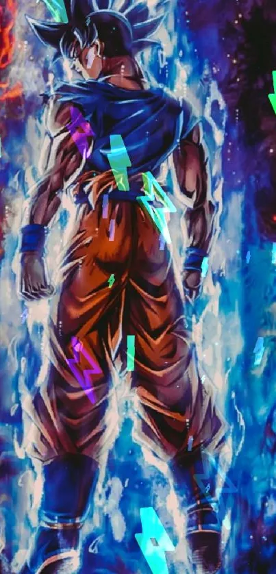 Powerful anime character with vibrant blue aura and fiery cosmic background.