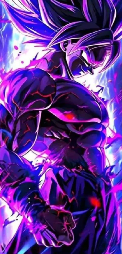 Anime character emitting vibrant purple energy in a powerful pose.