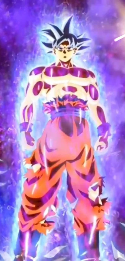 Anime hero with a glowing blue violet aura in a dynamic pose.