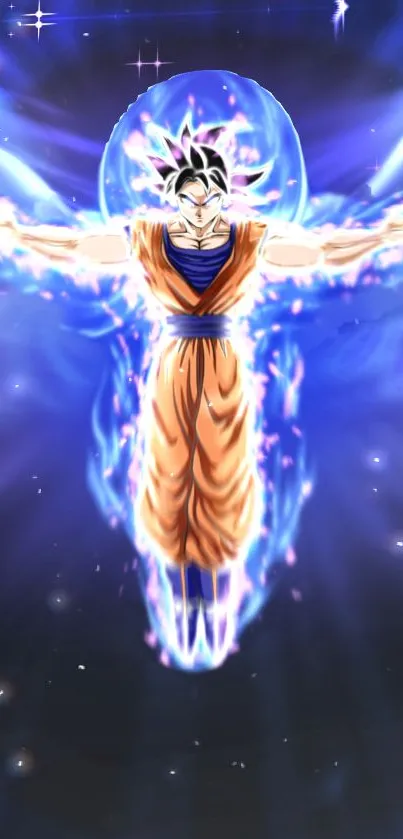 Anime character with glowing blue aura in dynamic pose.