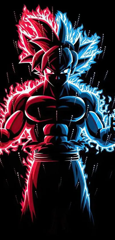 Anime character with red and blue aura on black background.