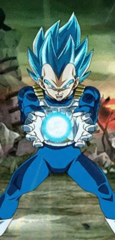 Anime character with blue energy blast, standing powerfully.