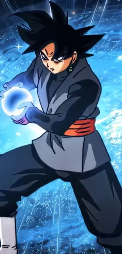 Anime character with energy burst and cosmic background.